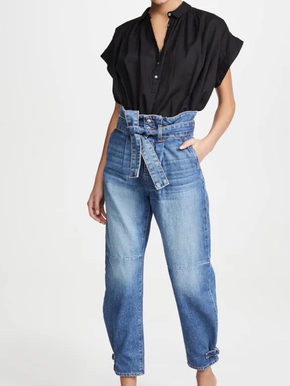 Veronica Beard Addie High-Waist Paperbag Jeans with Tie Belt (Size: 27 / 4)